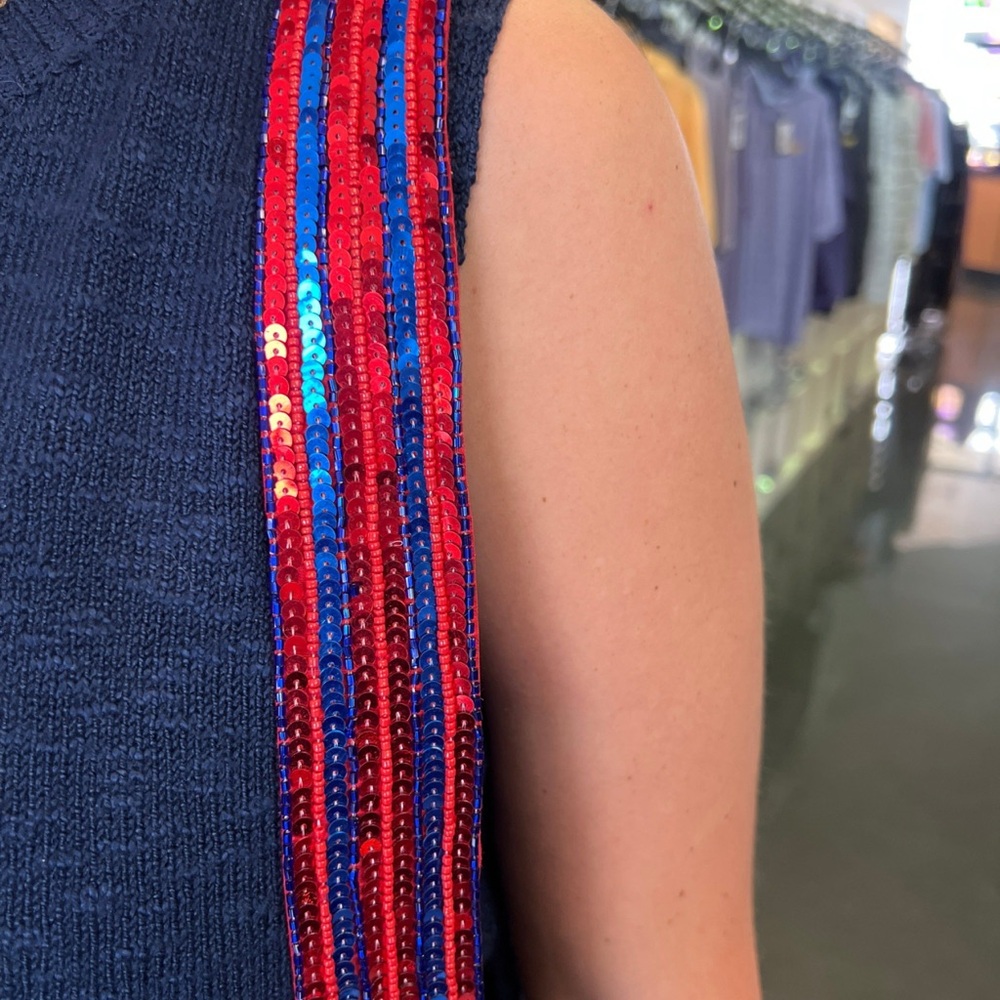 Navy Top with Red and Blue Sequin Stripes